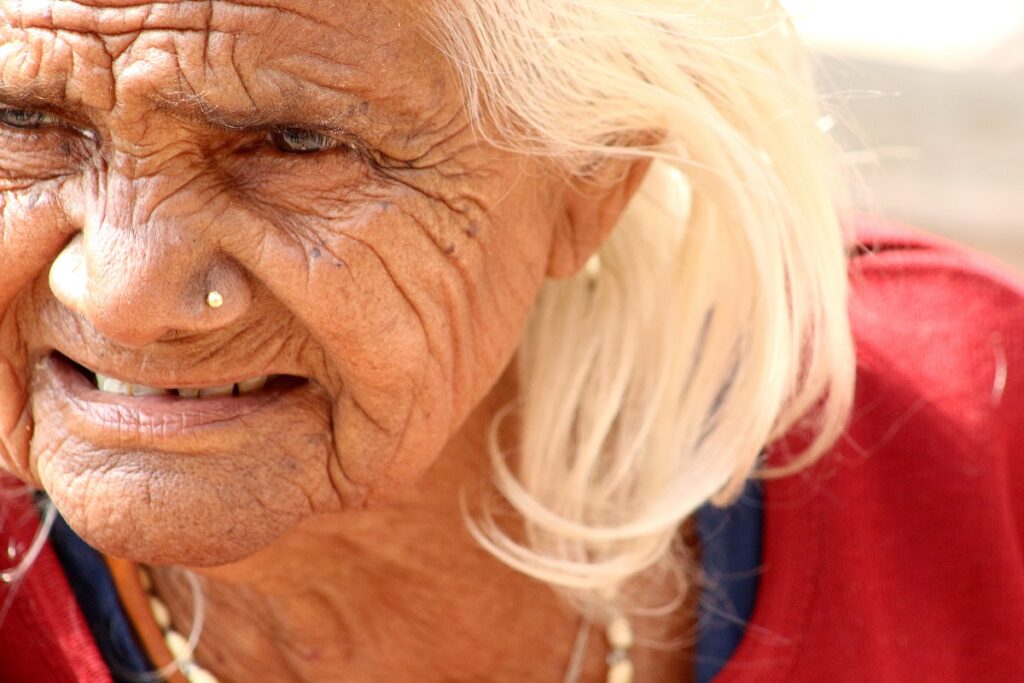 Wrinkle faced woman.